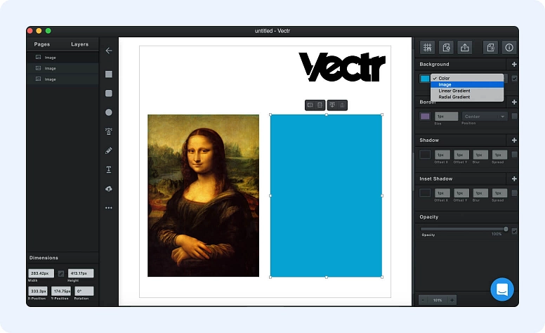 Vectr graphic design software interface for creating and editing vector graphics and layouts