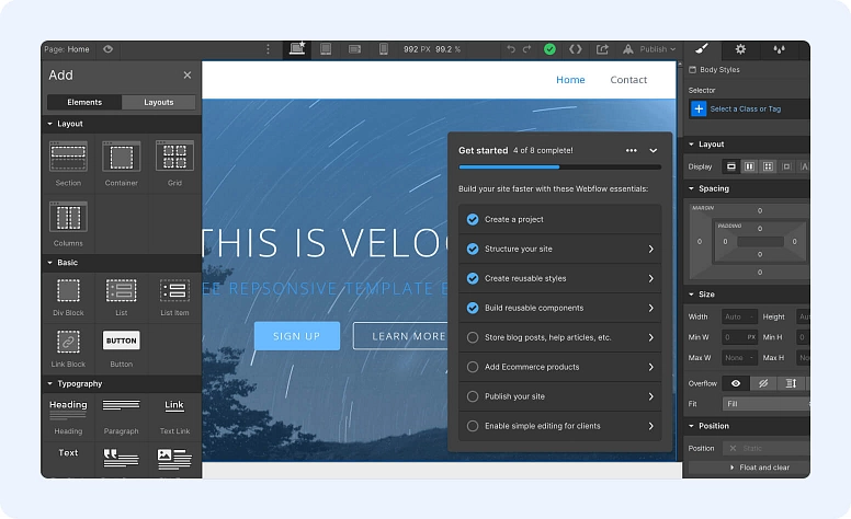 Website builder interface for designing responsive web pages with drag-and-drop elements and layout tools
