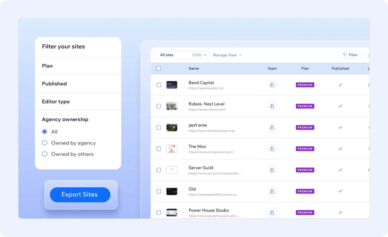 Website management dashboard with site list, filters, and export options for multiple projects