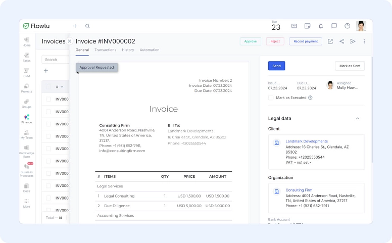 Flowlu invoice management interface showing invoice details, payment tracking, and approval workflow
