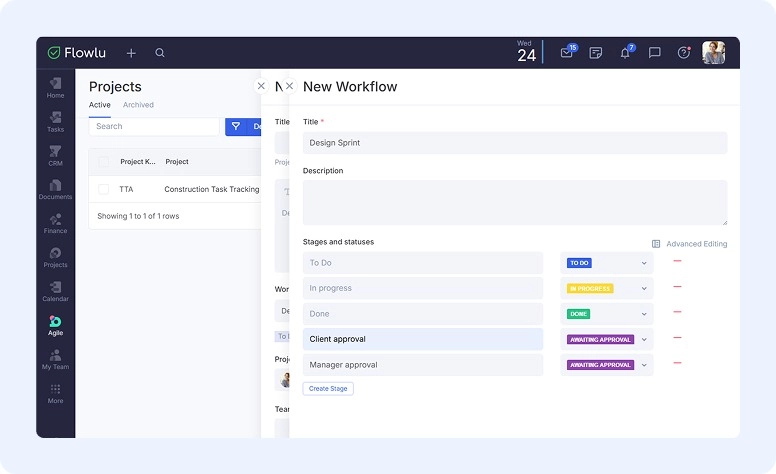 Custom sprint workflow in Flowlu